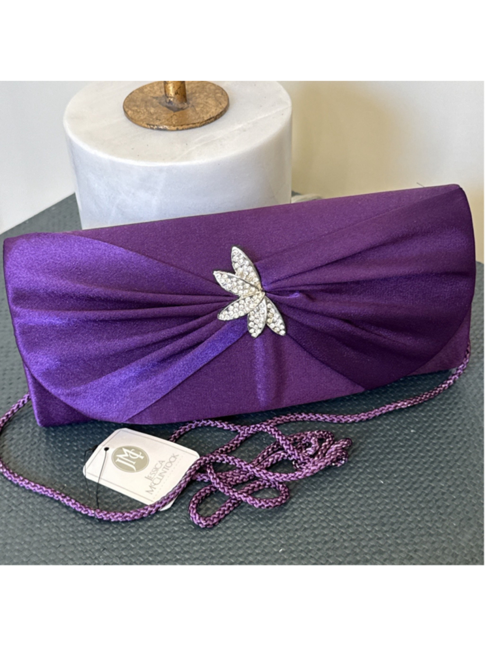 Jessica McClintock Plum Pleated Satin Clutch Evening Bag Shoulder Bag NWT
